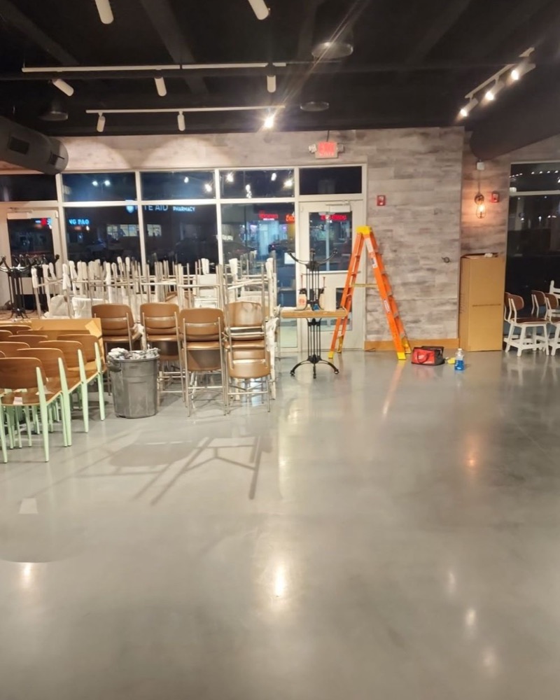 Restaurant dining room with tinted front windows